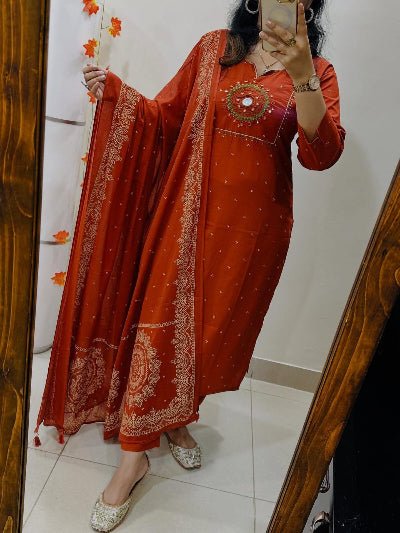 Brunt Orange Embroidery Cotton Straight Suit Set - BONYHUBSALWAR KAMEEZ