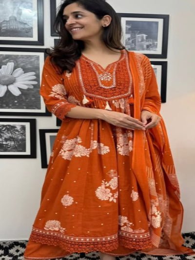 Rusty Orange Floral Print Cotton Anarkali Suit Set - BONYHUBSALWAR KAMEEZ