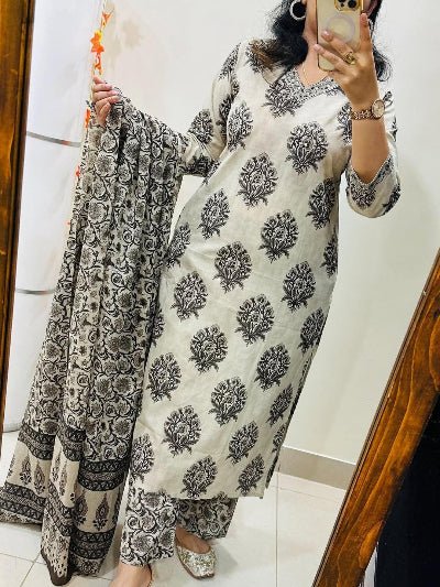 White & Black Classy Cotton Straight Suit Set - BONYHUBSALWAR KAMEEZ