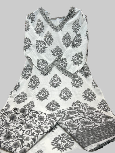 White & Black Classy Cotton Straight Suit Set - BONYHUBSALWAR KAMEEZ