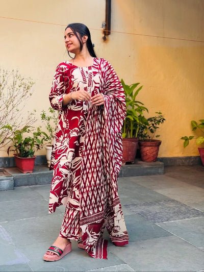 Red Trendy Printed Cotton Straight Suit Set - BONYHUBSALWAR KAMEEZ