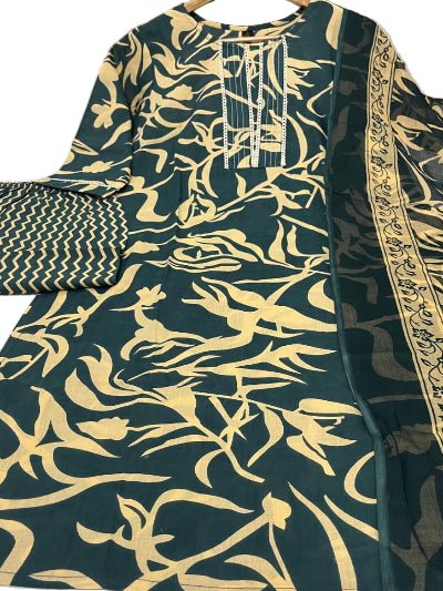 Bottle Green Trendy Printed Cotton Straight Suit Set - BONYHUBSALWAR KAMEEZ