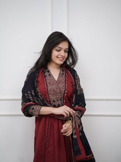 Maroon Elegant Mirror Work Cotton Anarkali Suit - BONYHUBSALWAR KAMEEZ