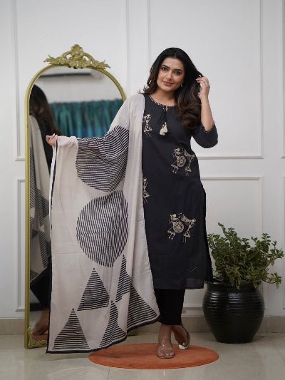 Black Elegant Zari Embroidery Cotton Straight Suit Set - BONYHUBSALWAR KAMEEZ
