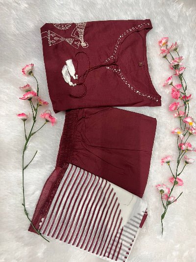 Maroon Elegant Zari Embroidery Cotton Straight Suit Set - BONYHUBSALWAR KAMEEZ