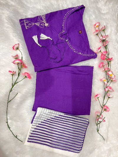 Purple Trendy Zari Embroidery Cotton Straight Suit Set - BONYHUBSALWAR KAMEEZ