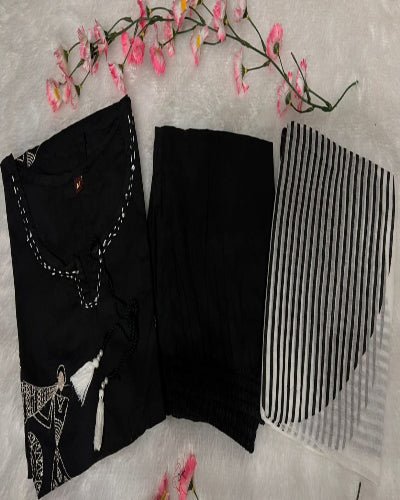 Black Elegant Zari Embroidery Cotton Straight Suit Set - BONYHUBSALWAR KAMEEZ