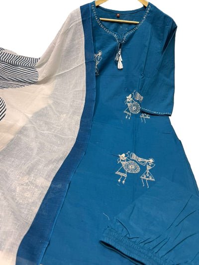 Teal Blue Classy Zari Embroidery Cotton Straight Suit Set - BONYHUBSALWAR KAMEEZ