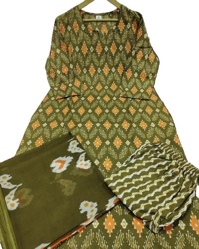 Mehendi Green Zari Embroidery Cotton Straight Suit Set - BONYHUBSALWAR KAMEEZ