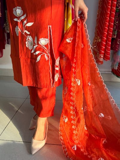Bright Orange Elegant Embroidery Cotton Straight Suit Set - BONYHUBSALWAR KAMEEZ