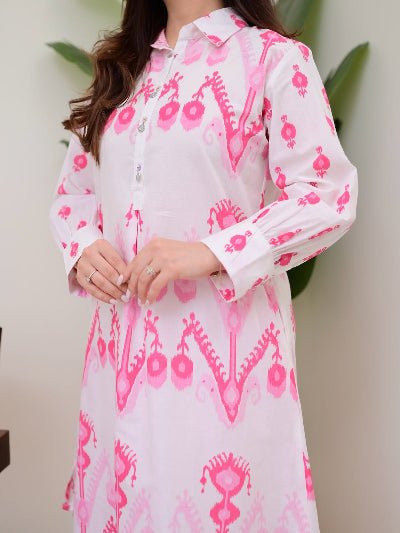 Pink Printed Neck Work Kurti Pant Set Of 2 - BONYHUBSALWAR KAMEEZ