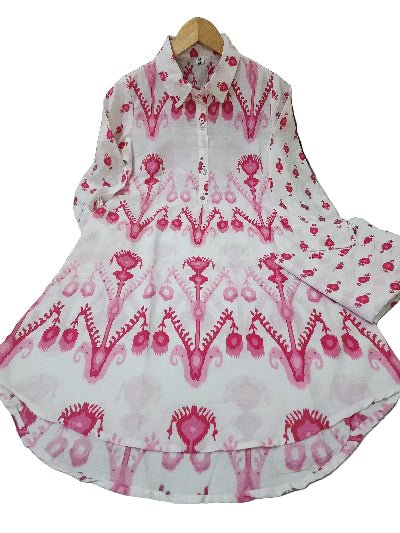 Pink Printed Neck Work Kurti Pant Set Of 2 - BONYHUBSALWAR KAMEEZ