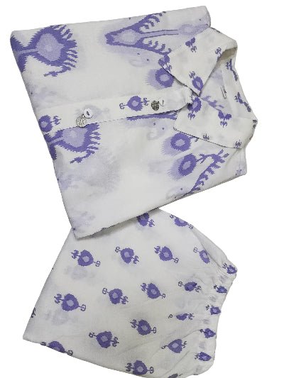 Blue Printed Neck Work Kurti Pant Set Of 2 - BONYHUBSALWAR KAMEEZ