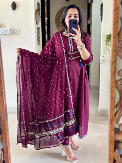 Dark Wine Adda Work Cotton Anarkali Suit Set - BONYHUBSALWAR KAMEEZ