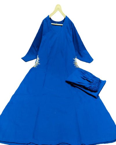 Electric Blue Handwork Pure Cotton Kurti Pant Set Of 2 - BONYHUBSALWAR KAMEEZ