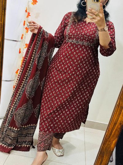 Rusty Red Embroidery Azrak Cotton Straight Suit Set - BONYHUBSALWAR KAMEEZ