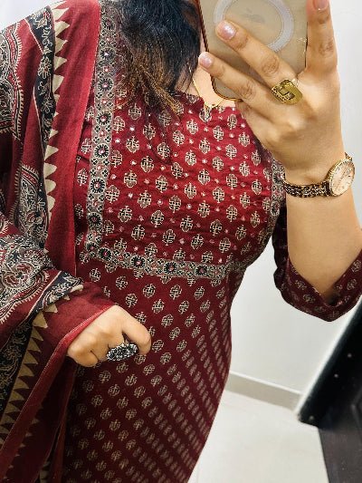 Rusty Red Embroidery Azrak Cotton Straight Suit Set - BONYHUBSALWAR KAMEEZ