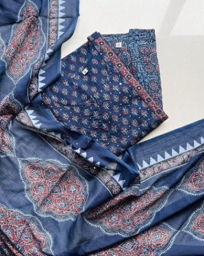 Indigo Embroidery Azrak Cotton Straight Suit Set - BONYHUBSALWAR KAMEEZ