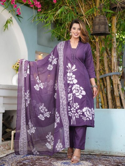 Dusty Purple Handwork Cotton Straight Suit Set - BONYHUBSALWAR KAMEEZ