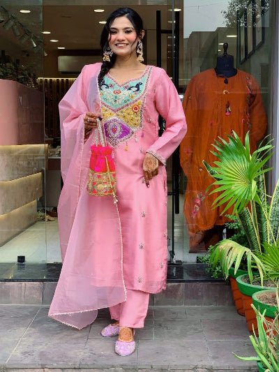 Blush Pink Sequin Embroidery Silk Straight Suit Set - BONYHUBSALWAR KAMEEZ