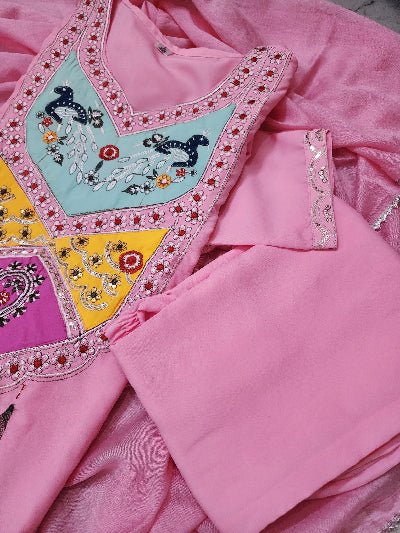 Blush Pink Sequin Embroidery Silk Straight Suit Set - BONYHUBSALWAR KAMEEZ