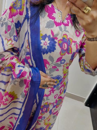 Blue Multicolour Floral Embroidery Cotton Straight Suit Set - BONYHUBSALWAR KAMEEZ
