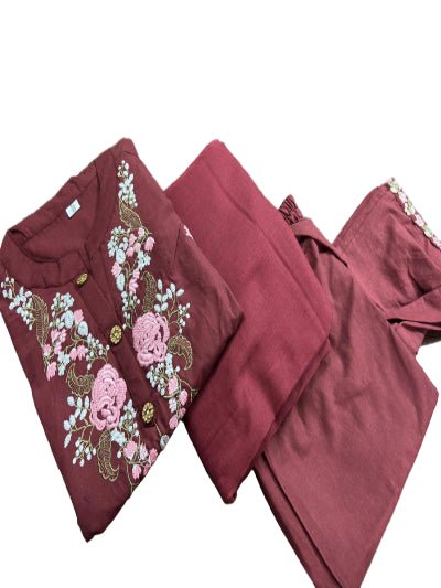 Mesmerising Burgandy Embroidery Cotton Straight Suit Set - BONYHUBSALWAR KAMEEZ