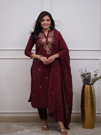 Mesmerising Burgandy Embroidery Cotton Straight Suit Set - BONYHUBSALWAR KAMEEZ