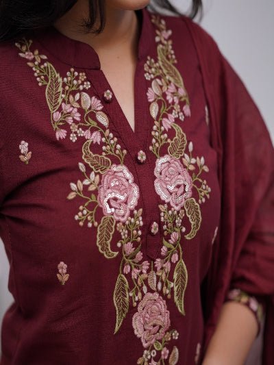 Mesmerising Burgandy Embroidery Cotton Straight Suit Set - BONYHUBSALWAR KAMEEZ