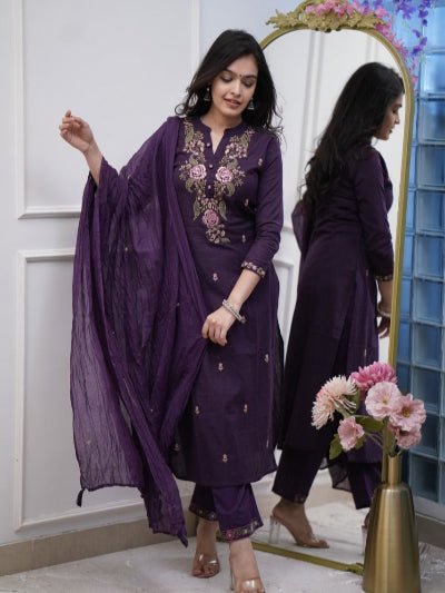 Purple Embroidery Cotton Straight Suit Set - BONYHUBSALWAR KAMEEZ