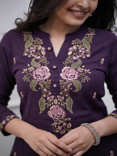 Purple Embroidery Cotton Straight Suit Set - BONYHUBSALWAR KAMEEZ