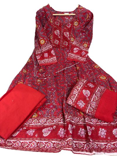 Elegant Red Handwork Cotton Anarkali Suit - BONYHUBSALWAR KAMEEZ