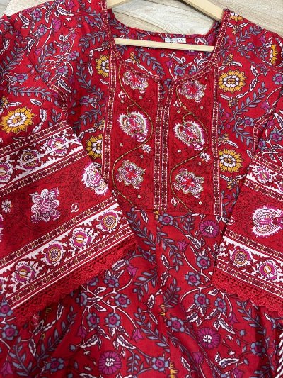 Elegant Red Handwork Cotton Anarkali Suit - BONYHUBSALWAR KAMEEZ