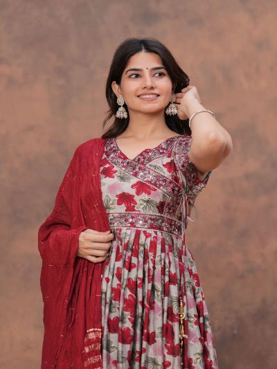 Red Elegant Floral Chanderi Anarkali Suit Set - BONYHUBSALWAR KAMEEZ