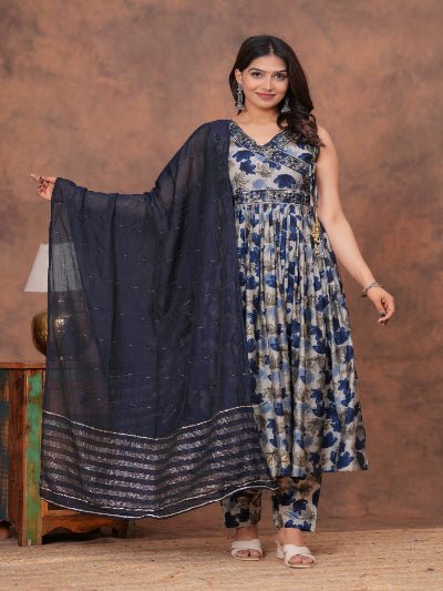 Blue Elegant Floral Chanderi Anarkali Suit Set - BONYHUBSALWAR KAMEEZ