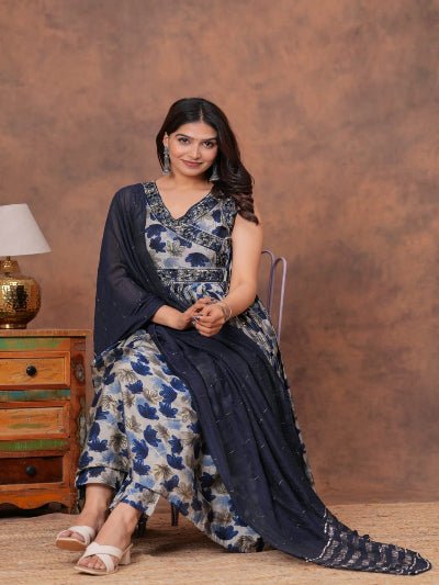 Blue Elegant Floral Chanderi Anarkali Suit Set - BONYHUBSALWAR KAMEEZ