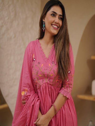 Pink Elegant Malmal Embroidery Anarkali Suit With Malmal Dupatta - BONYHUBSALWAR KAMEEZ