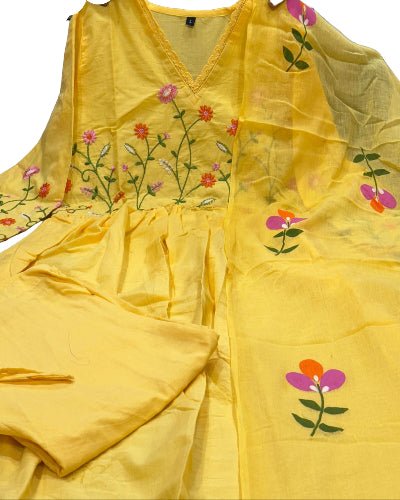 Yellow Elegant Embroidery Anarkali Suit Malmal Dupatta - BONYHUBSALWAR KAMEEZ