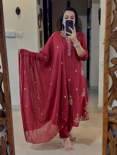 Rusty Red Embroidery Pure Cotton Straight Suit Set - BONYHUBSALWAR KAMEEZ