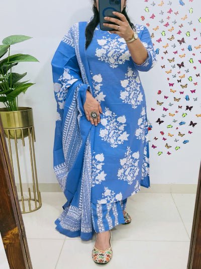 Blue Printed Sequence Embroidery Pure Cotton Straight Suit Set - BONYHUBSALWAR KAMEEZ