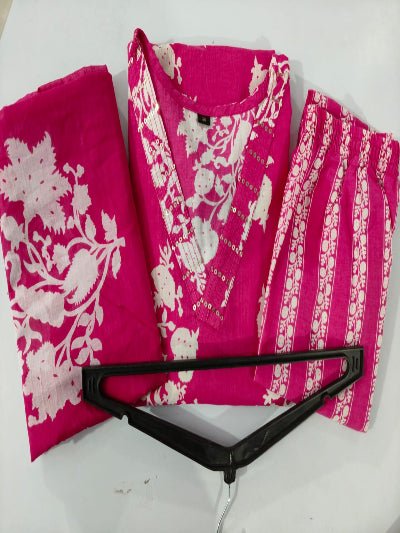 Pink Printed Sequence Embroidery Pure Cotton Straight Suit Set - BONYHUBSALWAR KAMEEZ