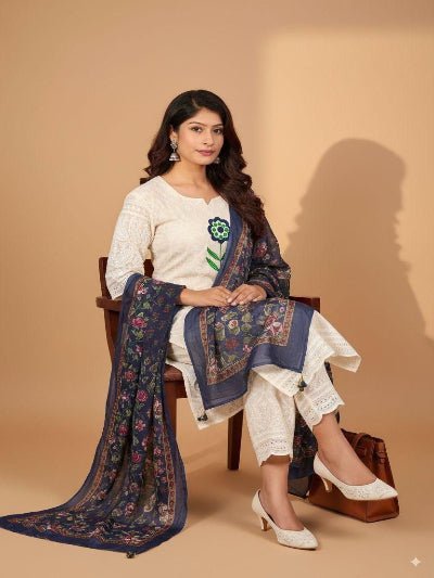 White Chikankari Embroidery Cotton Straight Suit Set - BONYHUBSALWAR KAMEEZ