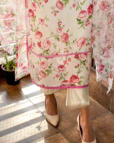 White Floral Printed Chanderi Cotton Straight Suit Set - BONYHUBSALWAR KAMEEZ