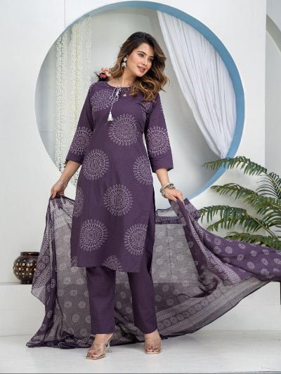 Dark Purple Elegant Ada Work Pure Cotton Straight Suit Set - BONYHUBSALWAR KAMEEZ