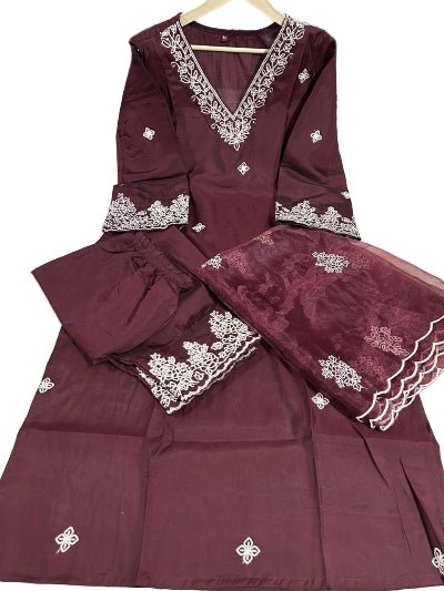 Walnut Brown Embroidery Chanderi Silk Straight Suit Set - BONYHUBSALWAR KAMEEZ