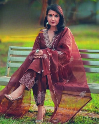 Walnut Brown Embroidery Chanderi Silk Straight Suit Set - BONYHUBSALWAR KAMEEZ