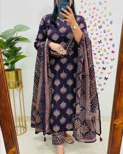 Navy Blue Classy Adda work Cotton Straight Suit Set - BONYHUBSALWAR KAMEEZ
