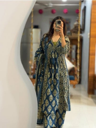 Classy Blue Embroidery Cotton Anarkali Suit - BONYHUBSALWAR KAMEEZ