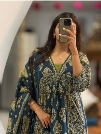 Classy Blue Embroidery Cotton Anarkali Suit - BONYHUBSALWAR KAMEEZ