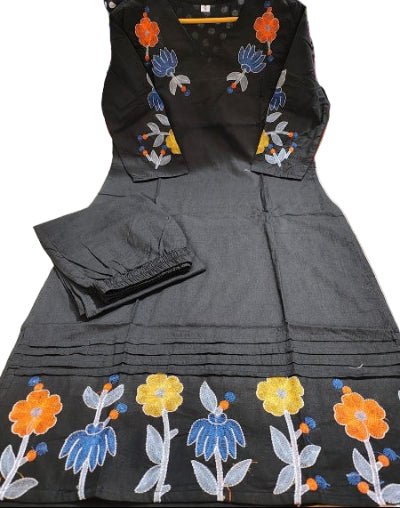 Classy Black Embroidery Cotton Kurti Pant Set Of 2 - BONYHUBSALWAR KAMEEZ
